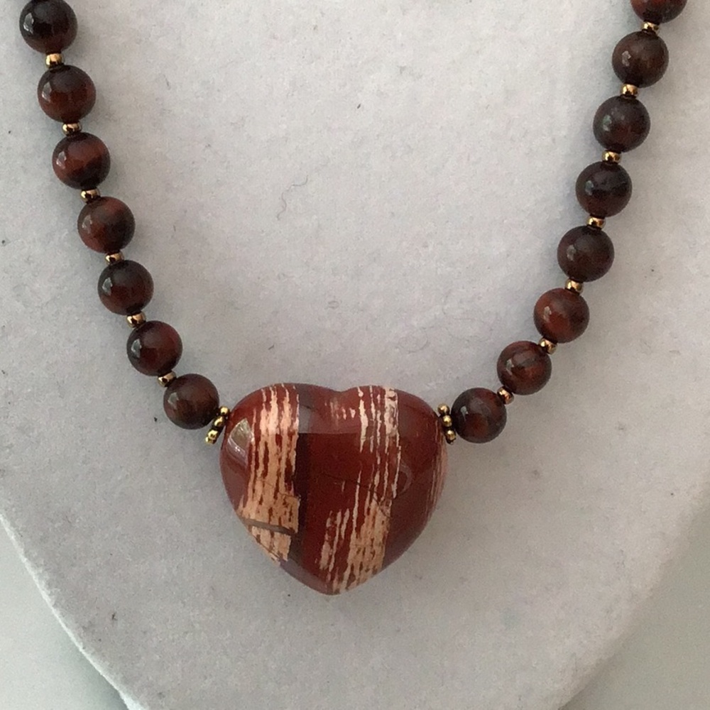 Handmade Poppy Jasper Heart Necklace and Earring Set. 18”. Copper/gold findings - Picture 2 of 6